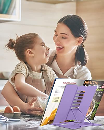 MSDADA Book Stand Metal Reading Rest Book Holder Adjustable Cookbook Documents Holder Portable Sturdy Bookstands for Recipes Textbooks with Page Clips Birthday Gifts for Girls Mom Students(Purple) - color: Purple