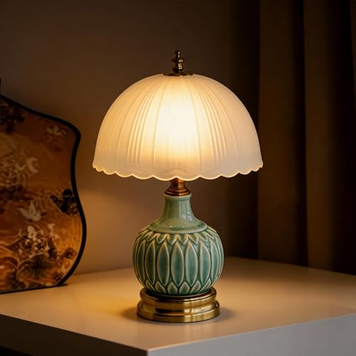 Vintage Green Ceramic Small Table Lamp with White Glass Shade - color: White