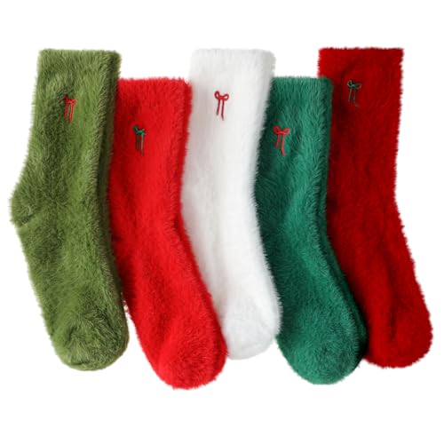 Geyoga 5 Pairs Fuzzy Bow Socks for Women Fluffy Slipper Gift - color: Red Green