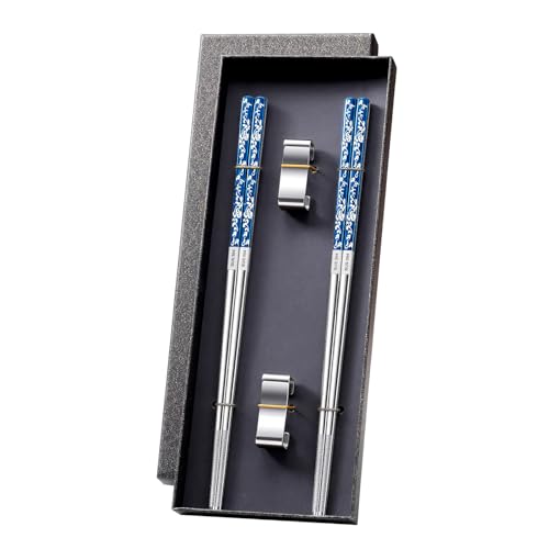 JEETEE Metal Chopsticks, 2 Pairs Stainless Steel with Holder - color: Blue