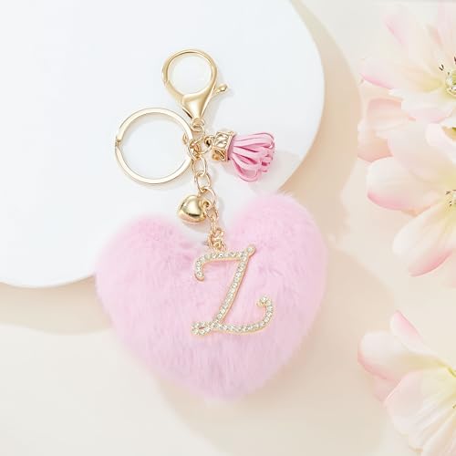 Initial Letter Heart Pom Pom Keychain for Women Pink Soft Fluffy Ball Key Ring for Purse Backpack Handbag - color: Z