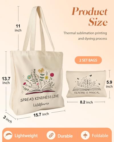 Miss Adola Canvas Tote Bag with Matching Makeup Pouch - color: Books Blossoms