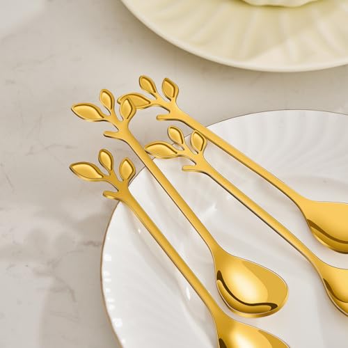 AnSaw Elegant Gold Leaf Handle Coffee Spoons - 10-Piece, 4.7" Mini Spoon - color: Gold