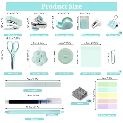 Mini Office Supplies, Teal Stapler with Staples and Tape Dispenser Set, Mini Stationary Kit Includes Sticky Notes Index Tabs Highlighters Gel Pens for Office & School Supplies (Teal) - color: Teal