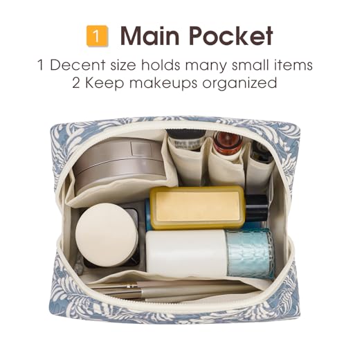 Narwey Small Makeup Bag for Purse, Travel Mini Cosmetic Bag for Women Girls - color: Blue Leaf, style: Small