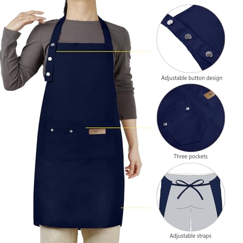 Hongsome Adjustable Button Apron for Women Men Artist Painting Pottery Garden Cooking Kitchen Chef 3 Pockets Waterproof M-XXL - color: Blue