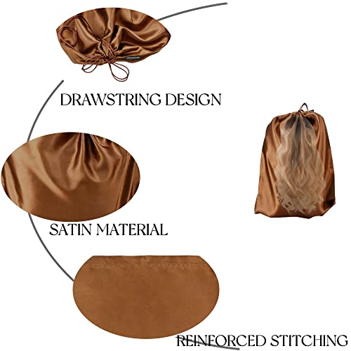 GONGKANGYUAN 12 Pcs Satin Wig Bags with Drawstring Satin Bag for Packaging Hair Extensions Wigs Soft Silk Pouches Hair Tools Storage Bags for Home and Salon (Brown) - color: Brown