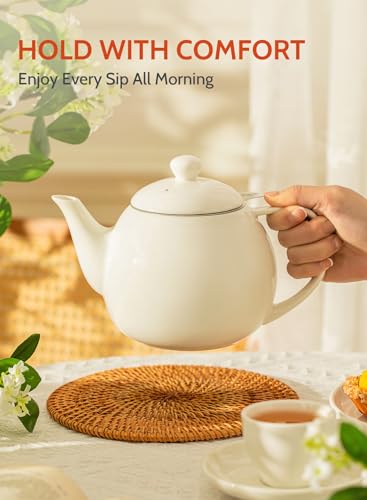 Sweese Teapots for Tea, 27 oz Porcelain Tea pot with Removable Stainless Steel Infuser, Tea Pots for Loose Tea - White - color: White, size: 27oz (with infuser)