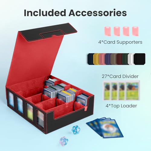 Trading Card Storage Box with Commander Display, 4-Row Deck Case with Removable Lid & Handle, 3000+ Card Organizer with 24 Colorful Dividers & 4 Stoppers for MTG, Black & Red - color: Black & Red, size: 3000+, with Handle