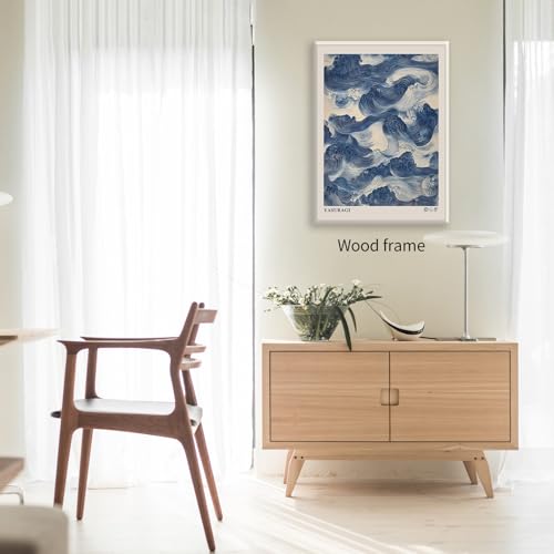 Japanese Blue Waves Wall Art Vintage Oriental Japandi Wabi Sabi Poster 08x10 inch Framed Abstract Giant Waves Canvas Prints for Minimalist Living Room Wall Decor - color: Trendy 3-WFramed, size: 10"L x 8"W