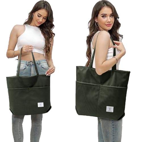 KALIDI Women Corduroy Tote Bag Zipper Casual Tote's Handbag Big Capacity Shoulder Bag with Pockets - color: D-army Green