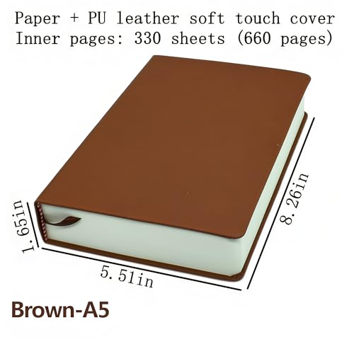 jooact Thick Sketchbook 660 Pages Notebook Soft Faux Leather Cover Journal 80GSM Paper Notepad Drawing Book Memo Writing Sketch Pad Diary Notebook - color: Brown, size: A5