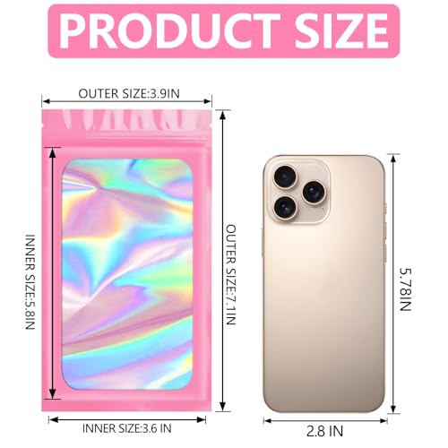 Funfery 100pcs Pink Mylar Holographic Bags-Resealable Zipper&Clear Window - color: Pink, size: 3.9 x 7.1 Inch