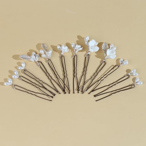 Handmade Pearl Bridal Wedding Hair Pins 12Pcs White Flowers Pearls Clips Wedding Hair Accessories for Women Brides Bridesmaid - color: Set-B-Bronze