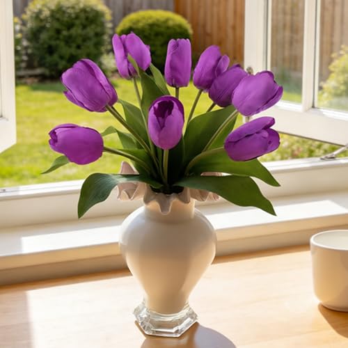 10 Stems 14 Inch Tulips Artificial Flowers Realistic Faux Flowers - color: Purple