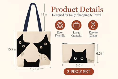 Aesthetic Canvas Tote Bag for Women – Minimalist Open-Top Design, Perfect for Books, Daily Errands and Gifting. - color: Peeking Cats