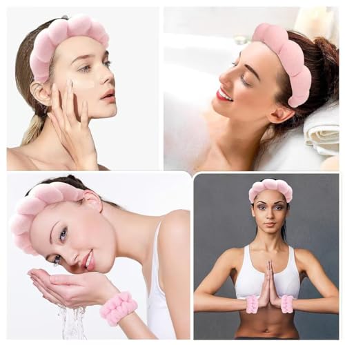 CAZYTOYZ Sponge Spa Headbands for Women Wristband Set Puffy Makeup Brush Headband Set for Washing Face Soft Towel Skin Care Head Band Cute Hair Band Shower - color: Green