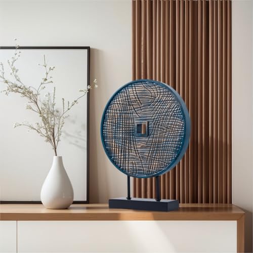 Unique Round Coin Sculpture Decorative Objects for Shelf Home Decor Accents, Modern Abstract Tabletop Decor Items for Living Room Fireplace Mantel, Above Cabinet (Blue) - color: Blue