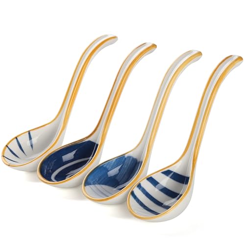Soup Spoons Set of 4 Japanese Korean Curved Handle Ceramic Ramen Soup Spoon - style: Style 2