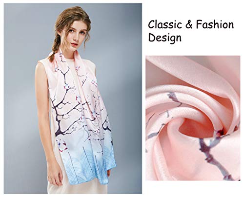 ANDANTINO 100% Silk Long Scarf-Women Large Oblong Shawls with Gift Packed - color: Blue&pink Branches