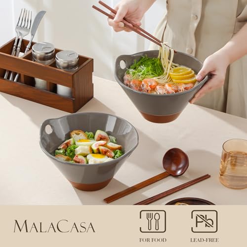 MALACASA 42 oz Ceramic Ramen Bowls with Chopsticks & Spoon, Brown & Khaki - color: Brown and Khaki
