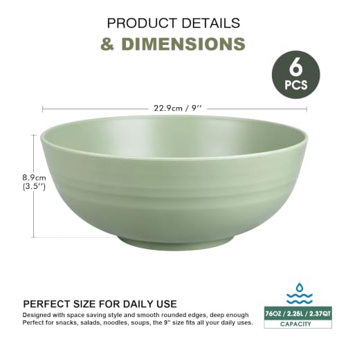 Greentainer Unbreakable Large Salad Bowls, 76 oz Plastic Serving Bowl Set of 6, Lightweight Bowls for Soup, Cereal, Fruit, Popcorn, Dishwasher & Microwave Safe - color: Green