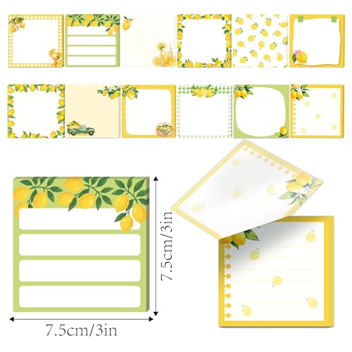 12 Pads Lemon Sticky Notes Set, 3x3 Inch Yellow Green Lemon Pattern Self Adhesive Memo Pads, 240 Sheets Summer Themed Sticky Notes for Writing Reminders, Page Markers, School Classroom Study, Office