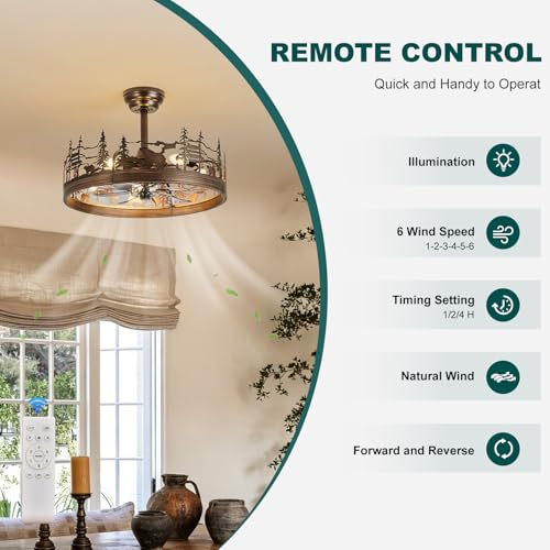 21 Inch Rustic Ceiling Fan with Light and Remote, Flush Mount Farmhouse Bladeless Fandelier, Forest Bear Pattern Chandelier Fan, DC Motor, 6 Speeds, Reversible, for Bedroom Living Room Cabin - color: Oil-Rubbed Bronze