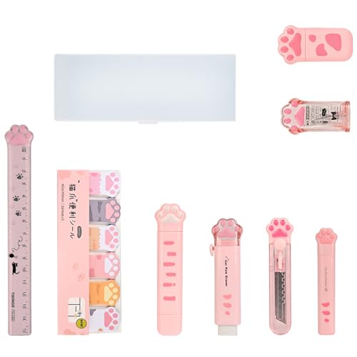 9 Pcs Cute Cat Paw Stationery Set Pencil Sharpener Retractable Eraser Correction Tape Sticky Notes Ruler Mini Scissors Utility Cutter School Office Supplies (Pink1)