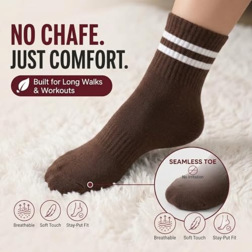 Forever Bambe Mini Crew Socks for Women 4-Pack Cushioned Bottom Retro Striped Socks - Athletic Women's Short Calf Sock - color: 11 - Fall Brown