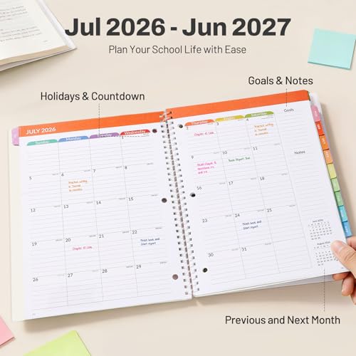 Student Planner 2026-2027, SUNEE Academic Weekly & Monthly Plan Book, Jul. 2026 - Jun. 2027, 8.5"×11" School Planner, Lesson Plan Book with Week's Goals, Bookmark, Monthly Tabs, 3-Hole Punched, Black - color: Black, size: A4 8.5"×11"