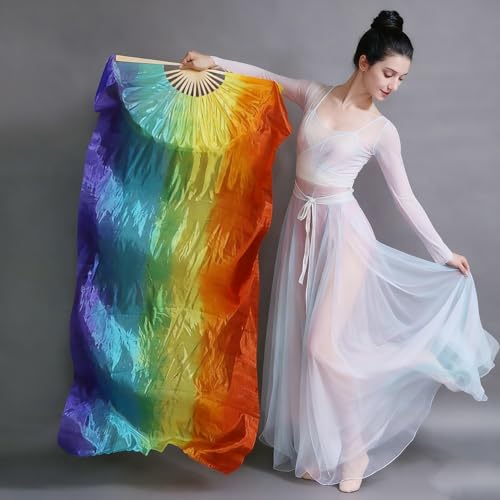 BRYCTSISEN Silk Belly Dance Fan Veil 2 Pairs Long Performance Folding Fan - color: Colorful