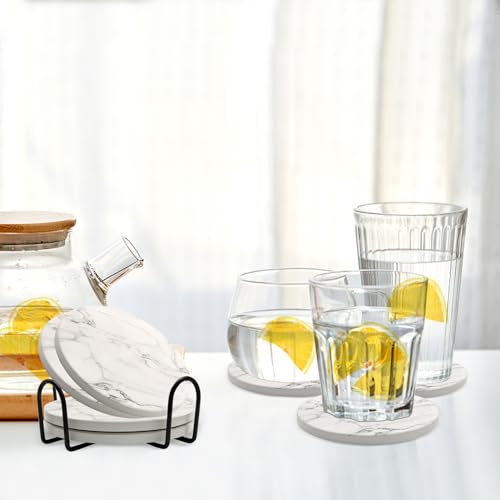 Coaster Set of 4, Ceramic Drink Coasters with Holder, 4 Inch Round - style: 4 coasters Style B