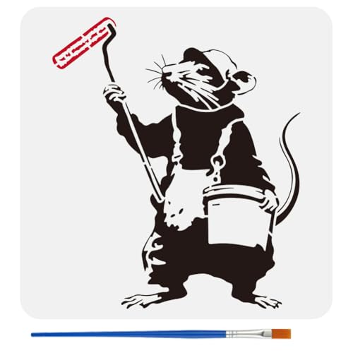 FINGERINSPIRE Banksy Mouse Stencil for Painting with Brush 11.8x11.8inch Reusable Mouse Holding Paint Roller Template Hollowed Rat Carrying Paint Bucket Stencil Plastic PET Banksy Theme Template - style: Banksy Mouse