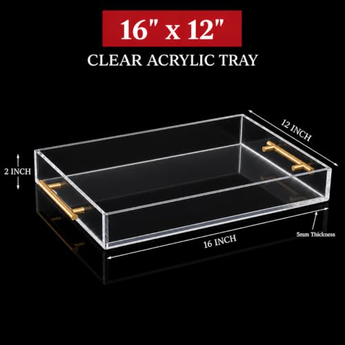 Clear Acrylic Tray 16x12” with Golden Metal Handles - Large Plastic Tray for Serving Guests, Countertop Organization, Ottoman Coffee Table & Vanity – Modern Decorative Tray for Home & Office - color: Golden Handles - Transparent, size: 16" x 12" x 2"