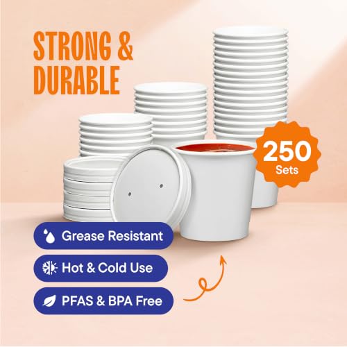 Eco-Friendly Paper Food Containers with Lids - 16 oz [250-Sets] Soup Cups - size: Bulk: 16 oz.