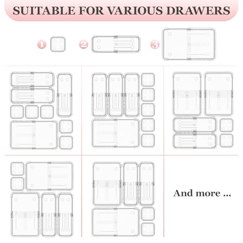 DILIBRA 16 Pcs Clear Extendable Drawer Organizer, Adjustable Drawer Storage - size: 3Pcs Large + 5Pcs Medium + 8Pcs Small
