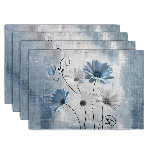 Daisy Placemats Set of 4 Blue Grey Rustic Vintage Floral Table Place Mats 12x18 Inch Seasonal Flower Spring Summer Linen Placemat for Party Kitchen Dining Outdoor Indoor Decor - color: Blue Grey Daisy