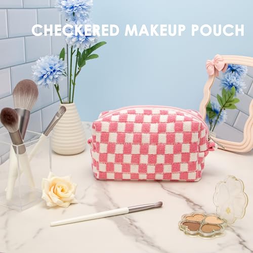 PAZIMIIK Checkered Makeup Bag for Purse, Small Travel Cosmetic Pouch,Pink - color: Pink