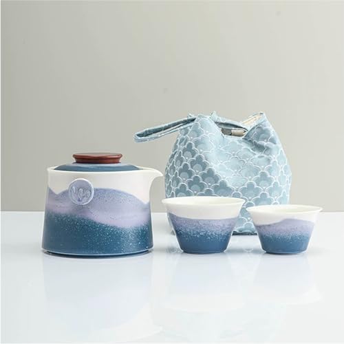 Hermit Life Chinese Travel Tea Set, Portable Ceramic Teapot for One to Two, Gongfu Tea Set with Color Gradient Design, 1 Pot 2 Cups, Gift for Tea Lovers (Azure Coast) - color: Azure Coast