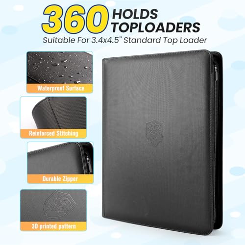 Top Loader Binder 9 Pocket, Holds 360+ Cards in 3.4" x 4.5" Toploaders, Ringless 20 Double-Sided Sleeves, Side-Loading, Spine Label with Maker Pen Toploader Binder for TCG, MTG, Sports Cards
