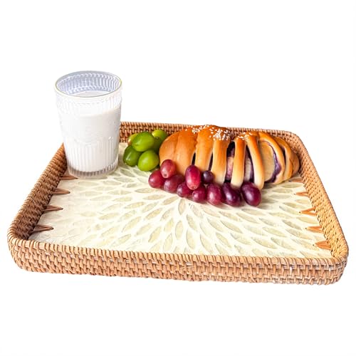 Rattan Tray Rectangle with Mother of Pearl – Unique Decorative Rattan Serving Tray for Food, Bread, Fruits, Snacks & Organizing Bathroom, Coffee Table – Christmas & Housewarming Gift (White 13.3"x9.4) - color: White 13.3"