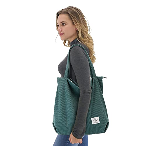 KALIDI Women Corduroy Tote Bag Zipper Casual Tote's Handbag Big Capacity Shoulder Bag with Pockets - color: Lake Blue
