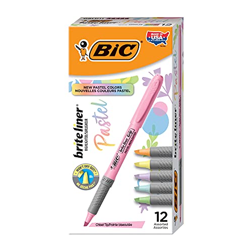 BIC Brite Liner Grip Pastel Highlighter Set, Chisel Tip, Pack of Pastel Highlighters in Assorted Colors (colors may vary), Cute Highlighters for Bullet Journaling, Note Taking and More (Pack of 18) - color: Pastel, size: 12 Count (Pack of 18)