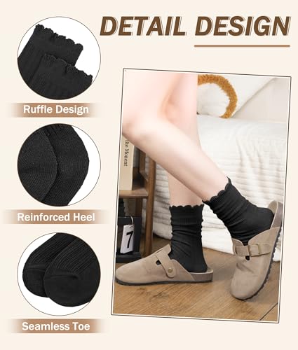 Justay 6 Pairs Ruffle Socks Women, Crew Cotton Frilly Boot Socks - color: Pure Black