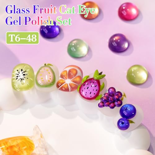 Double Rhythm Fruit Cat Eye Gel Nail Polish Set of 6 Same Color Same Bottle 0.5 Oz Shimmer Glitter with Magnet Holographic Reflective Magnetic UV Polish Kit at Home (Glass Rose Pink Green-T6-48) - color: Glass Fruit Purple Rose