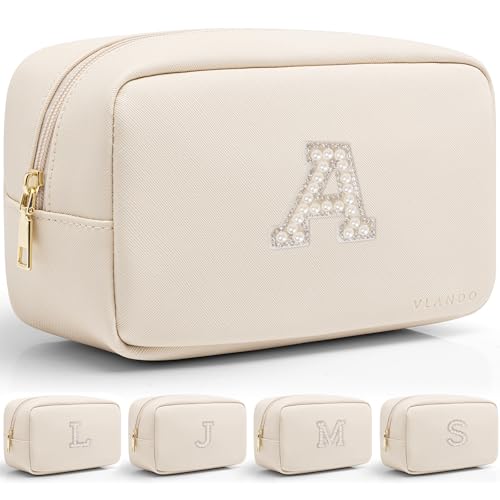 VLANDO Makeup Travel Bag with Pearl Monogram Patch,Beige A - color: 03-White-A