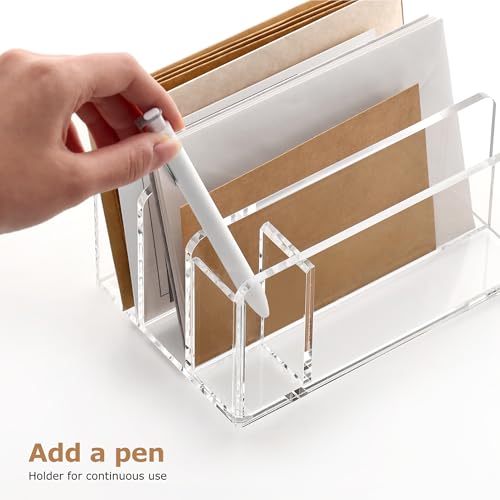 SANRUI Acrylic Mail Sorter Desk Organizer with Pen Holder, 3 Compartments - size: 3 Compartments with Pen Holder