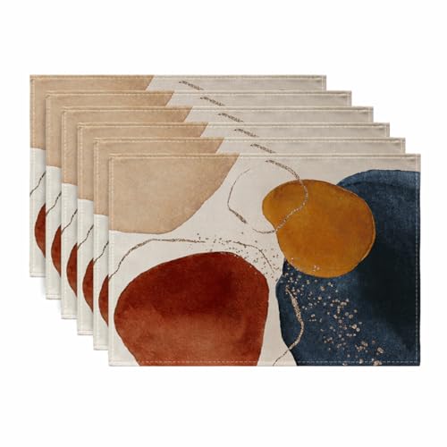 Ansouyi Placemats Set of 6, Terracotta Navy Orange and Gold Abstract Washable Heat Resistant Linen Table Mats, Kitchen Decor Non-Slip Place Mats for Party Dining, 12x18 Inch - color: Terracotta