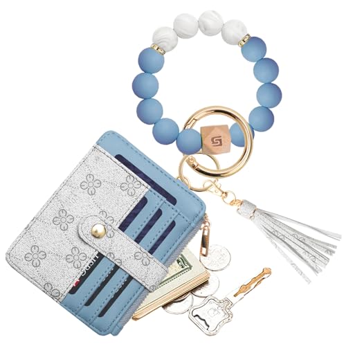 COOLANS Silicone Bracelet Wristlet Wallet Credit Card Holder RFID ID Window Key Ring Tassel Slim Wallet Women Keychain Purse - color: Blue White